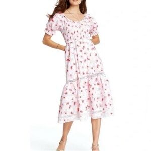 LoveShackFancy Cosette Floral Smocked Midi Dress Lg